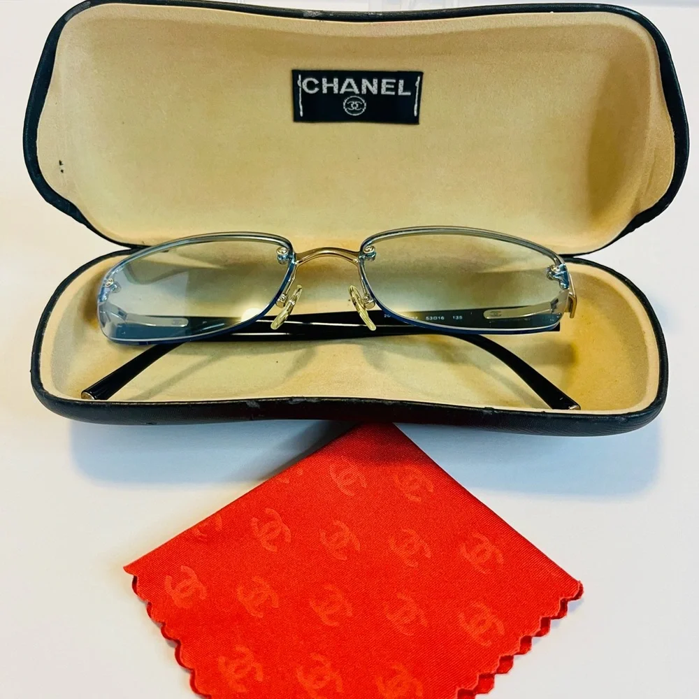 CHANEL 9221 Rimless Eyeglasses Frame Blue Lens Black Gold CC Unisex Made Italy - Picture 16 of 16